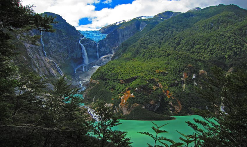 Laguna y glaciar en medio de un bosque