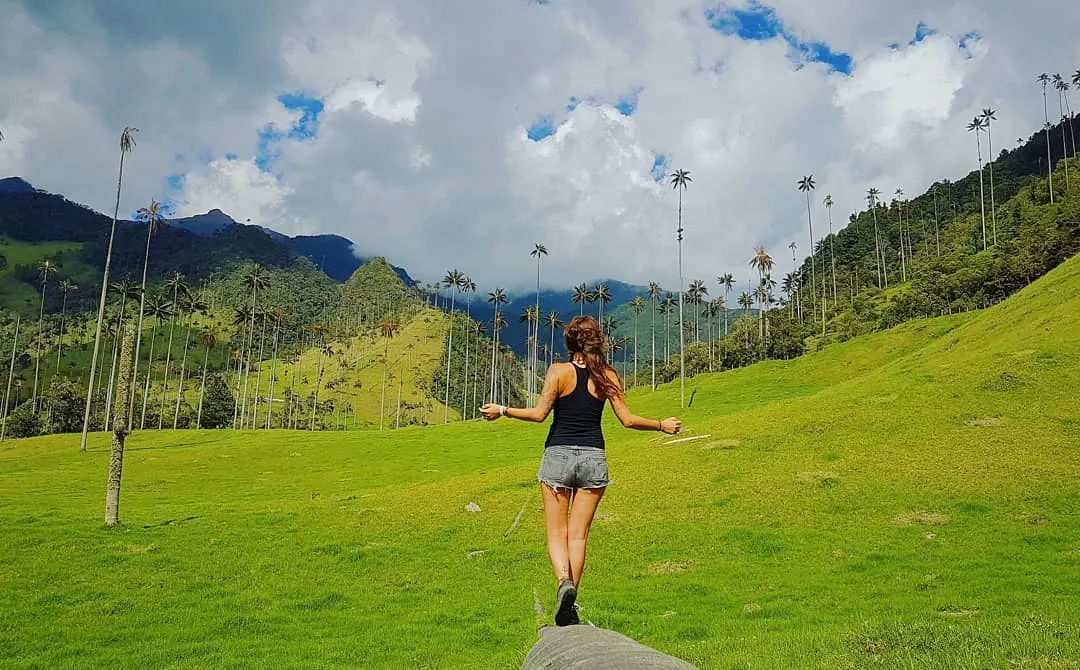 Mujer frente a palmeras gigantes tropicales