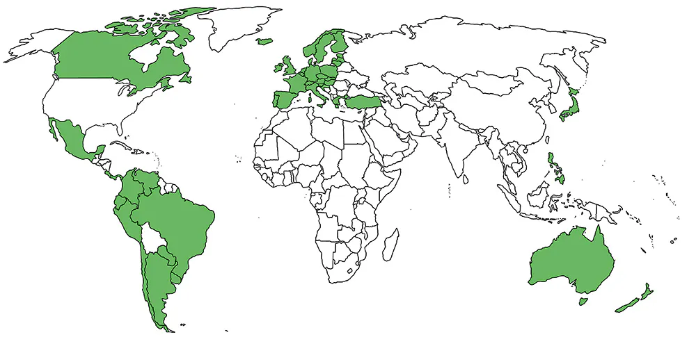 Mapa de países que no necesitan visa para entrar a bolivia