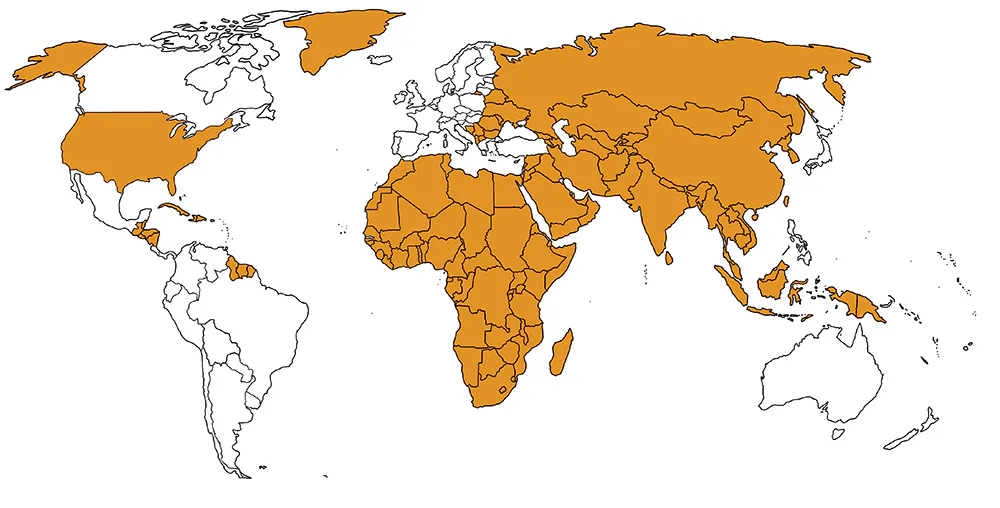 Mapa con países que sí necesitan visa para entrar a Bolivia