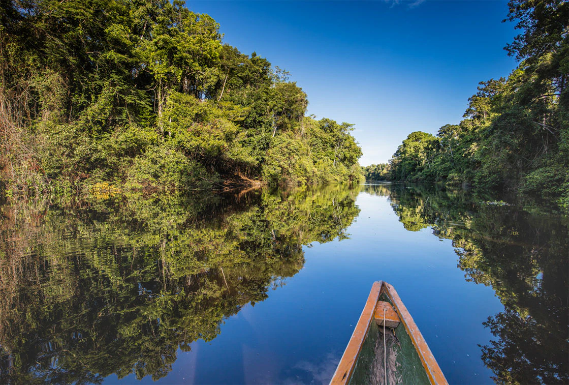 Bote navegando por calmas aguas en pacaya samiria