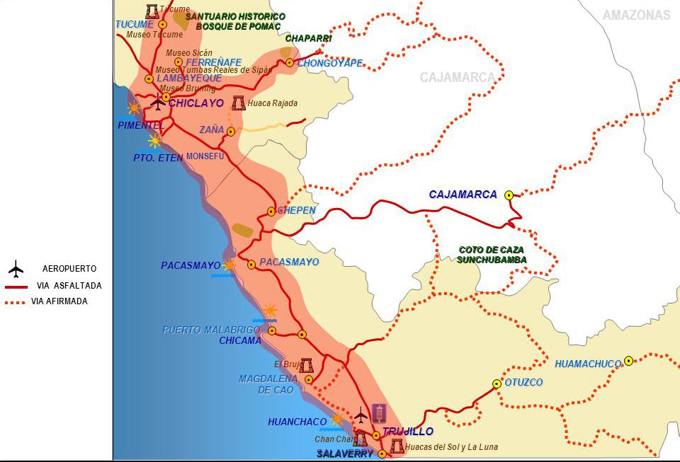 Mapa de la ruta moche en el norte del Perú