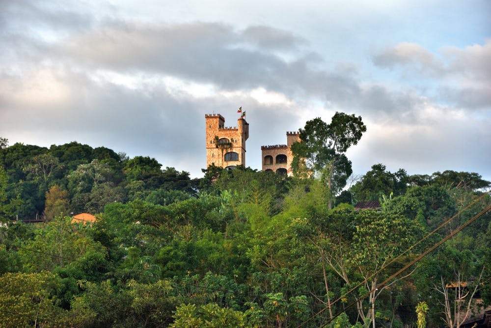 Selva peruana y al fondo un castillo de ladrillo