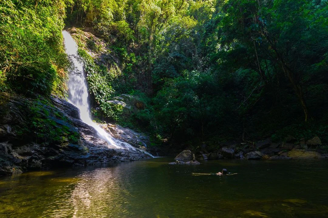 Catarata y persona bañandose en posa en la selva